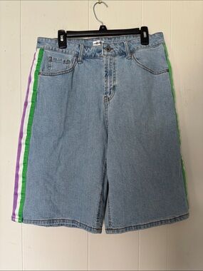 NWOT Pride Light Blue Denim Jean Shorts with Green & Purple Side Stripes